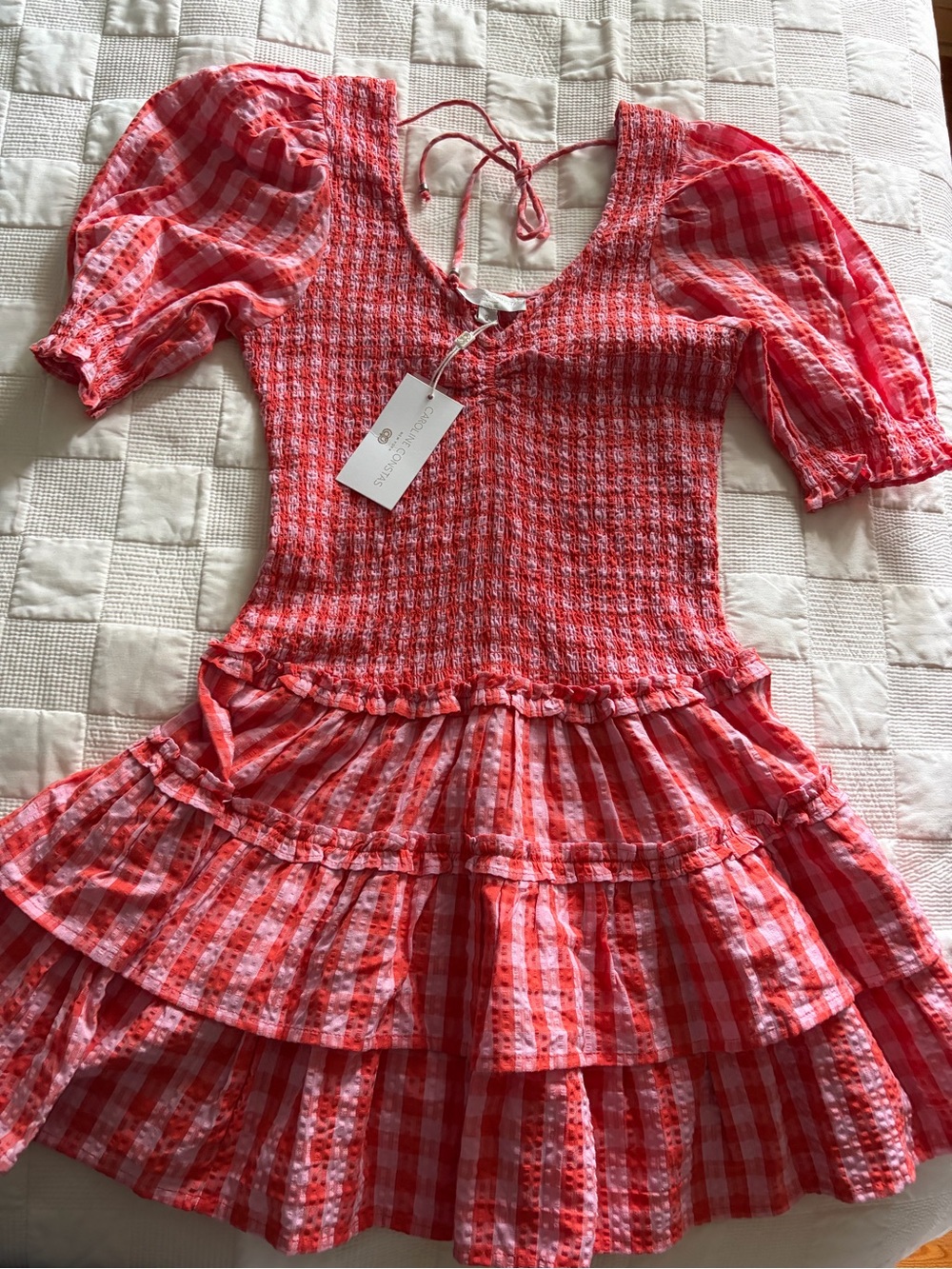 NWT Caroline Constas Coral Pink sabrina Gingham Smocked Dress